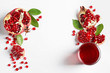 Glass of pomegranate juice and fresh fruits on white background, top view with space for text