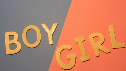 A photograph of letters spelling the words 'boy' and 'girl' on traditional baby blue and baby pink colour backgrounds.  Gender concept