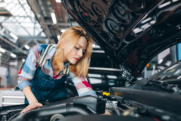 Wall Mural - beautiful staff offer repair service. close up photo. girl solving a car problem. copy space