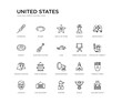 © Meth Mehr - set of 20 line icons such as gramophone, fire hydrant, grand canyon, director chair, cab, electric guitar, donut, cowboy, walk of fame, rugby. united states outline thin icons collection. editable