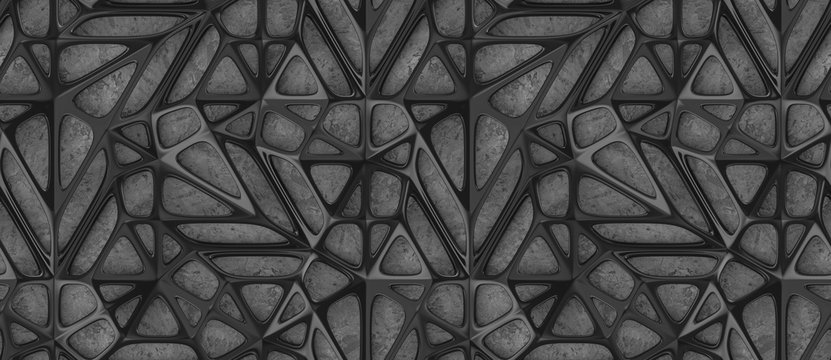 Wall Mural -  - 3d black lattice tiles on gray concrete background. High quality seamless realistic texture.