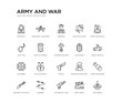 set of 20 line icons such as pistol, bulletproof, chamber, chevrons, condecoration, depth charge, dog tag, fighter plane, general, grenade launcher. army and war outline thin icons collection.
