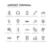 © Meth Mehr - set of 20 line icons such as gangway truck, extinguisher, calendar day thirty, escalator up, airport x ray machine, old plane, right wing, plane flying, trolley with luggage, airport headphones.