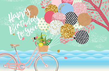 Wall Mural - Happy Birthday! Cute vector card, poster or cover for holiday greetings! Illustration of a vintage bicycle with balloons