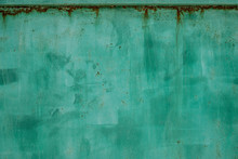 Green Metal Dirty Sheet Fence. Rust Grunge Leaks Template Blank. Old Paint On The Fence. Copper Abstract Wall Art