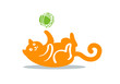Flat color graphic drawing of a cute funny red cat, playing with a ball of wool or thread, falling on his back. Icon or logo, vector illustration, isolated on background.