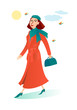 Color graphic drawing of character of young smiling woman, in fashionable, modern spring coat and beret, with handbag in her hand. Near birds, clouds. Vector illustration, isolated on background.