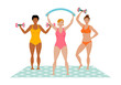 Color graphic set of drawings of smiling women of different nations involved in slimming sports, fitness, train for beauty of the body. Vector illustration, isolated on background.