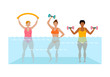Color graphic set of drawings of smiling women of different race in the pool, training in water aerobics, water sports, for weight loss. Vector illustration isolated on background.
