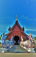 beautiful of two Naga in front of the church at Banden temple, Chiang Mai, Thailand. Naga sculpture in front of the Thai temple and sky background. Thai modern culture.