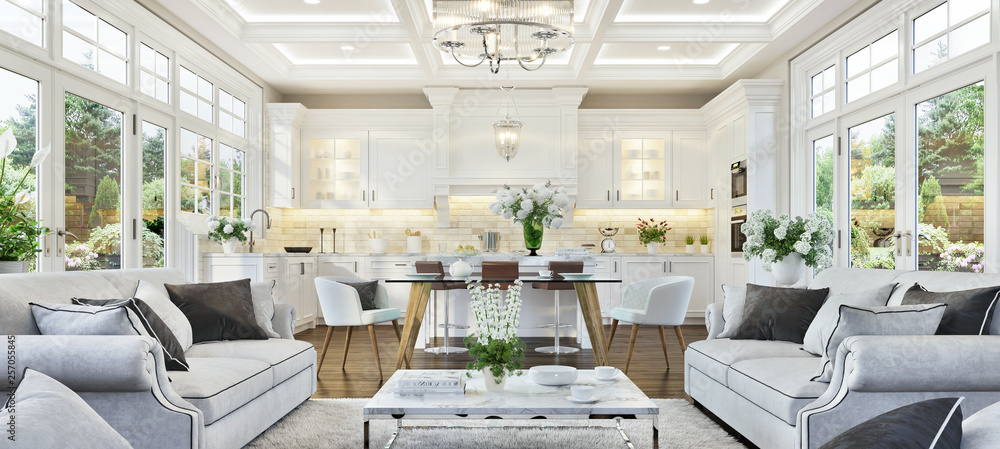 Luxurious white kitchen and living room in a luxury house - obrazy, fototapety, plakaty 
