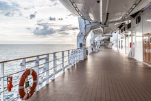 Perspective View Of Outdoor Deck At A Cruise Ship With Sea In The Background