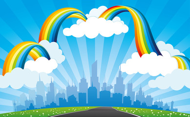 Wall Mural - Rainbow with clouds in the blue sky and city on the horizon.