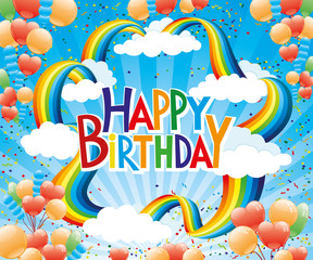 Wall Mural - Birthday party banner with a rainbow and balloons in the blue sky.