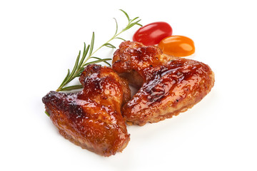 Wall Mural - Baked chicken wings with bbq sauce, american food, close-up, isolated on white background