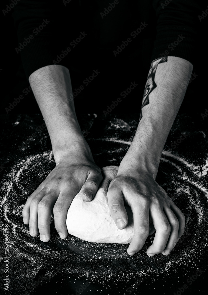 chef hands knead dough - obrazy, fototapety, plakaty 