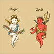 Angel and devil. Color. Engraving style. Vector illustration.