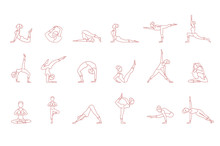 Women Pink Silhouettes In Yoga Poses Set, Asana Collection Vector Illustrations