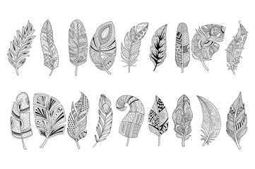 Canvas Print - Set of black hand drawn feathers with doodle ornaments. Design for print, adult antistress coloring page or tattoo. Monochrome vector illustration in sketch style