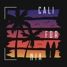 California T-shirt Typography With Color Gradient Brushes And Palm Trees Silhouettes. Trendy Apparel Design. Surfing Tee Shirt Print. Vector Illustration.