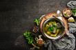 Trout fish soup. Ukrainian cuisine. Top view. Free space for your text. Rustic style.