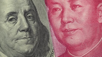 Wall Mural - China yuan and US dollar bill rotating. Chinese and USA trade. 4K stock video footage