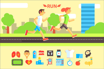 Poster - Running people, sports and physical activity equipment horizontal banners vector Illustrations