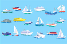 Sea Ship, Boat And Yacht Set, Ocean Or Marine Transport Concept Vector Illustration In Flat Style,