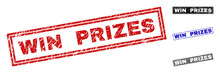 Grunge WIN PRIZES Rectangle Stamp Seals Isolated On A White Background. Rectangular Seals With Grunge Texture In Red, Blue, Black And Gray Colors.