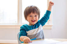Happy Excited Toddler Raising His Hand High