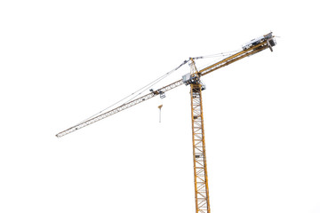 high-rise construction crane with a long arrow of yellow color on a white background