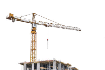 High-rise building crane with a long arrow of yellow color on a white background above a concrete building under construction with brick walls