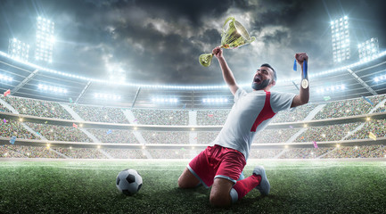 Soccer. Professional soccer player celebrates winning of soccer match the open stadium. Soccer player holds a cup and a medal in his hands.