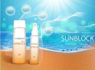 Wall Mural - Vector illustration. 3d bottles with sun protection cosmetic products on tropic beach. Sunblock cream and tanning oil spray bottle. Template, for magazine or ads, brochure, flyer, banner.