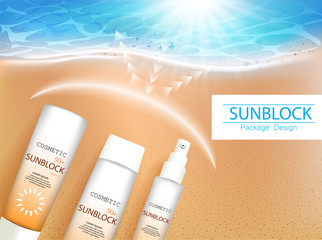 Wall Mural - Vector illustration. 3d bottles with sun protection cosmetic products on tropic beach. Sunblock cream and tanning oil spray bottle. Template, for magazine or ads, brochure, flyer, banner.