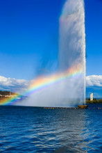 Rainbow Producing Fountain On Lake Burley Griffin, Canberra, ACT, Australia