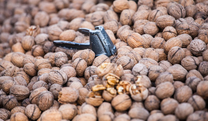 Walnuts on the market counter.