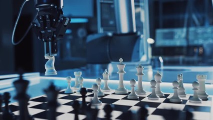Leinwandbilder - Close Up Shot of a Artificial Intelligence Operating a Futuristic Robotic Arm in a Game of Chess Against a Human. Robot Moves a Knight. They are in a High Tech Modern Research Laboratory.