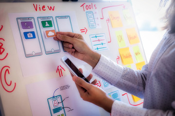 Web designer woman doing test sketch drawing application for mobile phone in office. User experience Design concept.