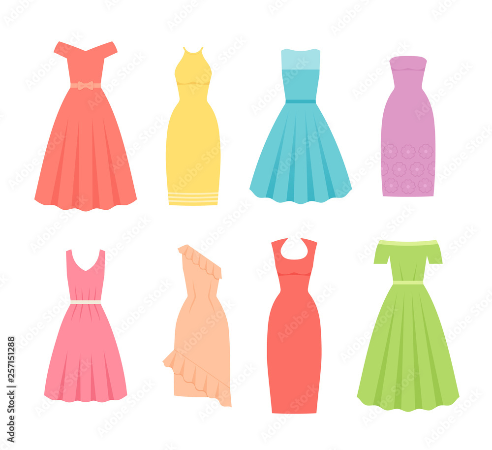 Image vectorielle Stock Cocktail dress. Vector. Women dresses. Dress and  garment set isolated. Girl coral cloth. Clothing in flat design. Female  textile apparel silhouette. Cartoon illustration on white background. |  Adobe Stock