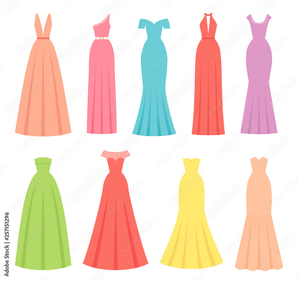 Evening dress. Vector. Women dresses. Dress garment set isolated. Girl coral cloth. Party clothing in flat design. Female boutique textile apparel silhouette. Cartoon illustration on white background. Stock Vector | Adobe Stock Evening dress. Vector. Women dresses. Dress garment set isolated. Girl coral cloth. Party clothing in flat design. Female boutique textile apparel silhouette. Cartoon illustration on white background. Stock Vector | Adobe Stock