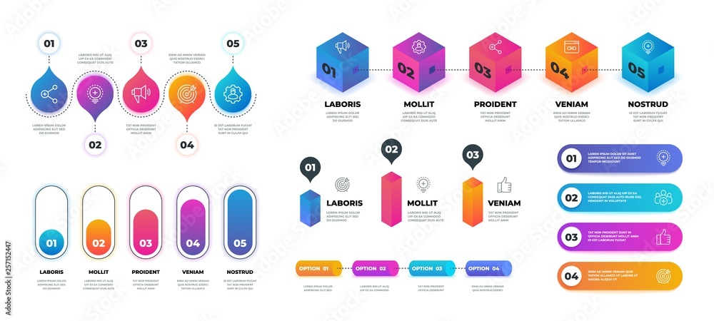 Step 3D infographic. Realistic flowchart graph, business options presentation template. Vector workflow circle graphic template set - obrazy, fototapety, plakaty 