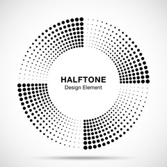 Wall Mural - Halftone music circle frame abstract dots logo emblem design element. Half tone circular icon. Disc musical insignia. Round border using halftone circle dots raster texture. Vector illustration. 