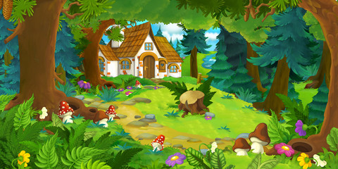 cartoon scene with beautiful rural brick house in the forest on the meadow - illustration for children