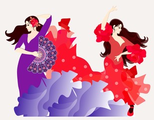 Wall Mural - The element of fire and the element of water. Two Spanish or Gypsy girls dressed in long dresses dancing flamenco.