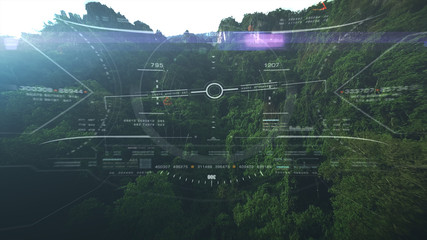 Fototapete - Aerial view from the fighter plane's cockpit flying in the lime stone mountain canyon with head up display acquire targets and enemies location hidden in the dense mountain forest