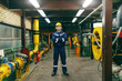 © dusanpetkovic1 - Full length of worker in protective suit, helmet and antifones standing with arms crossed in heavy industry plant.