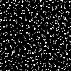 Wall Mural - Music notes black and white seamless pattern. White colors simbols on black background. Abstract vector texture musical signs