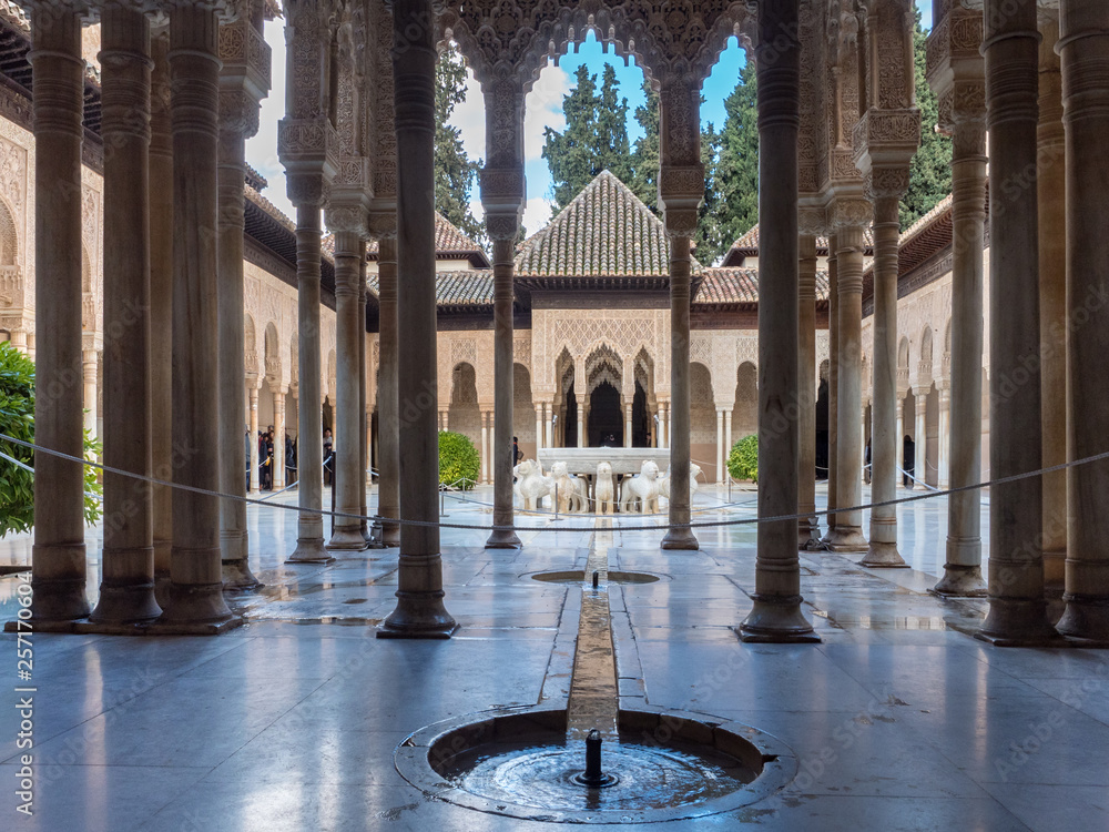 Spain, March 2018: Moorish architecture of the Court of the Lions, the Alhambra, Granada, Andalucia (Andalusia)