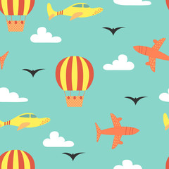  Cartoon vector seamless pattern with planes and air balloon. Bright background design.